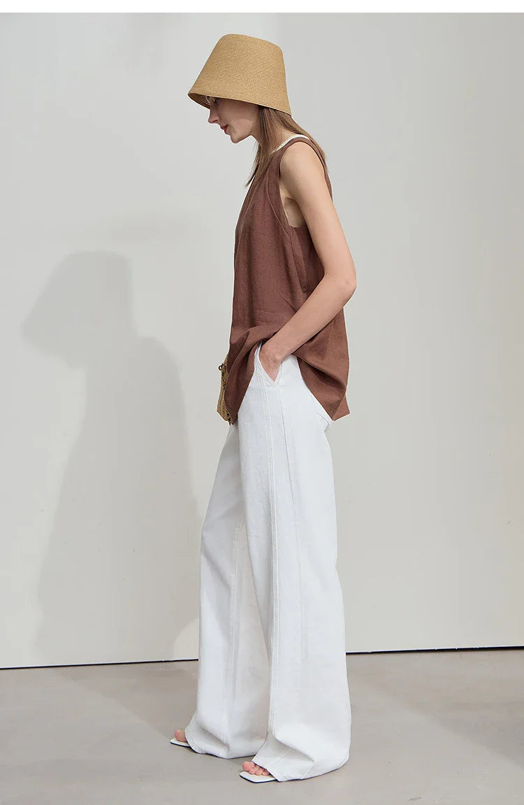 Women's Jeans Minimalist 2025 Summer New Style Solid Color Commuting Black Beige Wide Leg Cotton Denim Long Pants 12552012