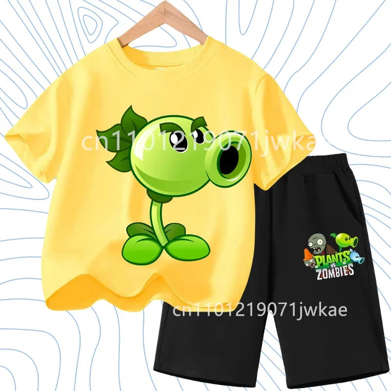 Children's Plants Vs. Zombies Short-Sleeved T-Shirt Set Cotton Summer Fashion Comfortable Top+pants for Boys and Girls