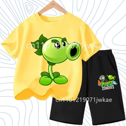 Children's Plants Vs. Zombies Short-Sleeved T-Shirt Set Cotton Summer Fashion Comfortable Top+pants for Boys and Girls