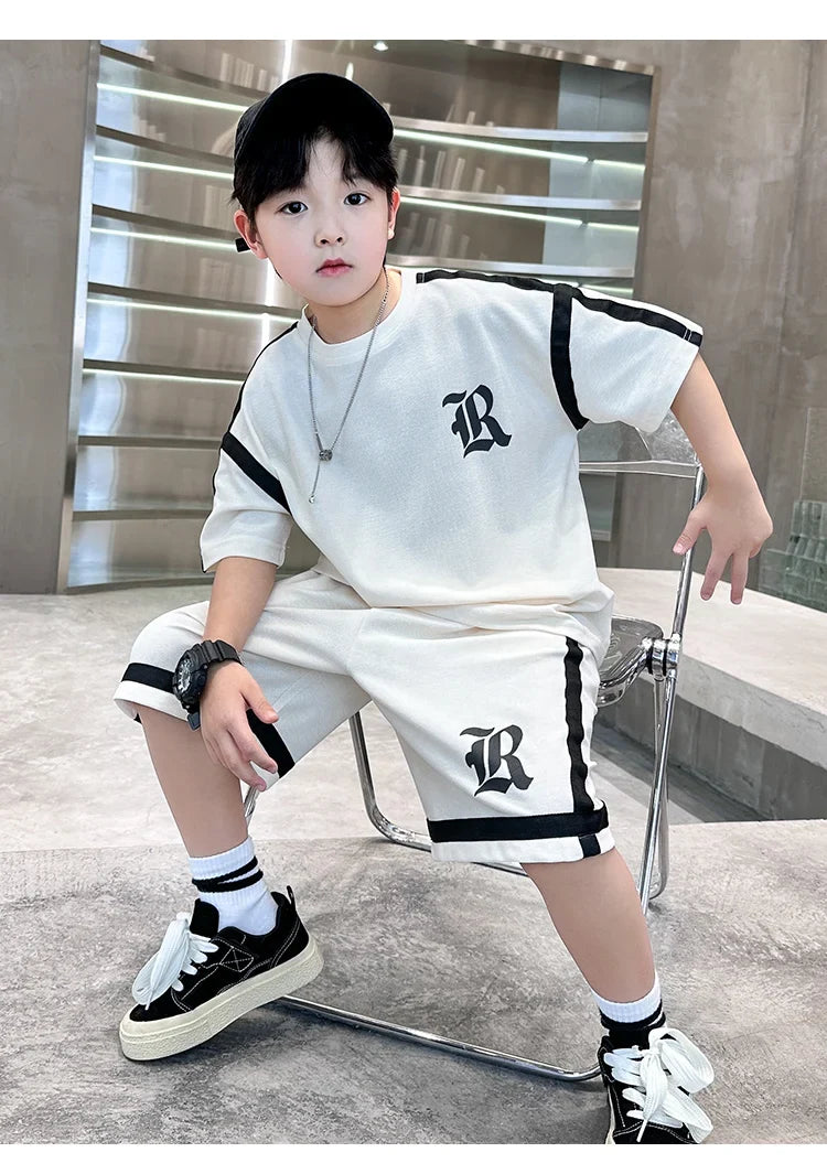 2025 Kids Summer Clothing Boys Top and Bottom Set Beige Black Color T-shirt Shorts 2PCS Tracksuit Set Teens Child Casual Outfit