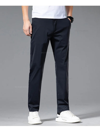 Ultra-thin Ice Silk Cool Men's  Casual Pants Summer New High Elasticity Quick-drying Drape Business Straight Trousers Black Gray