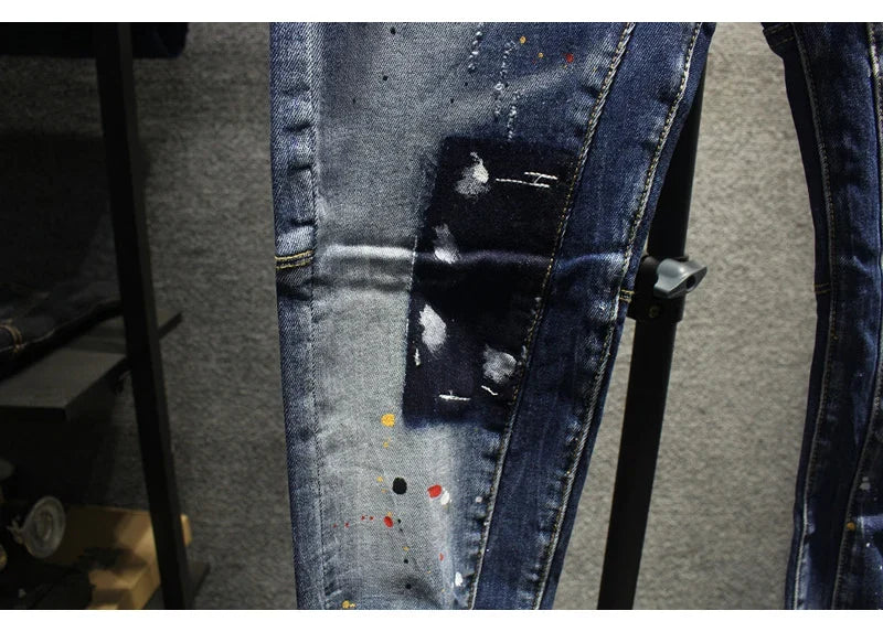 Street Fashion Men Jeans Retro Blue Stretch Slim Fit Spliced Ripped Jeans Men Painted Designer Hip Hop Vintage Denim Pants Homme
