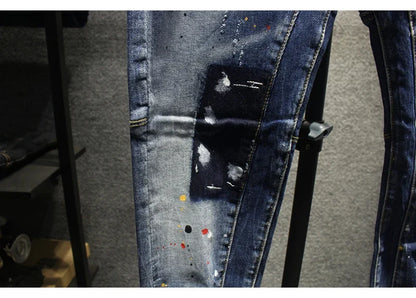 Street Fashion Men Jeans Retro Blue Stretch Slim Fit Spliced Ripped Jeans Men Painted Designer Hip Hop Vintage Denim Pants Homme