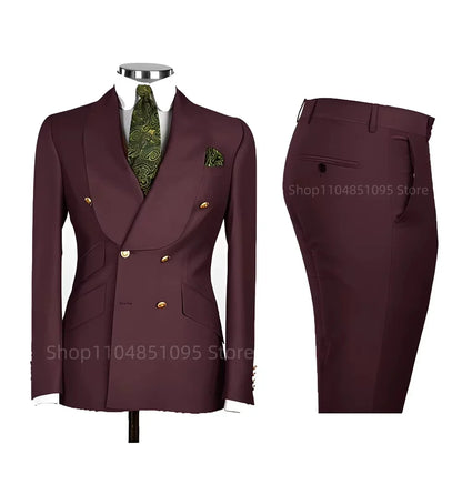 Smart Casual Solid 2 PCS Men Suits Formal Groom Tuxedos Shawl Lapel Double Breasted Jacket Pants Business/Wedding Suits Set