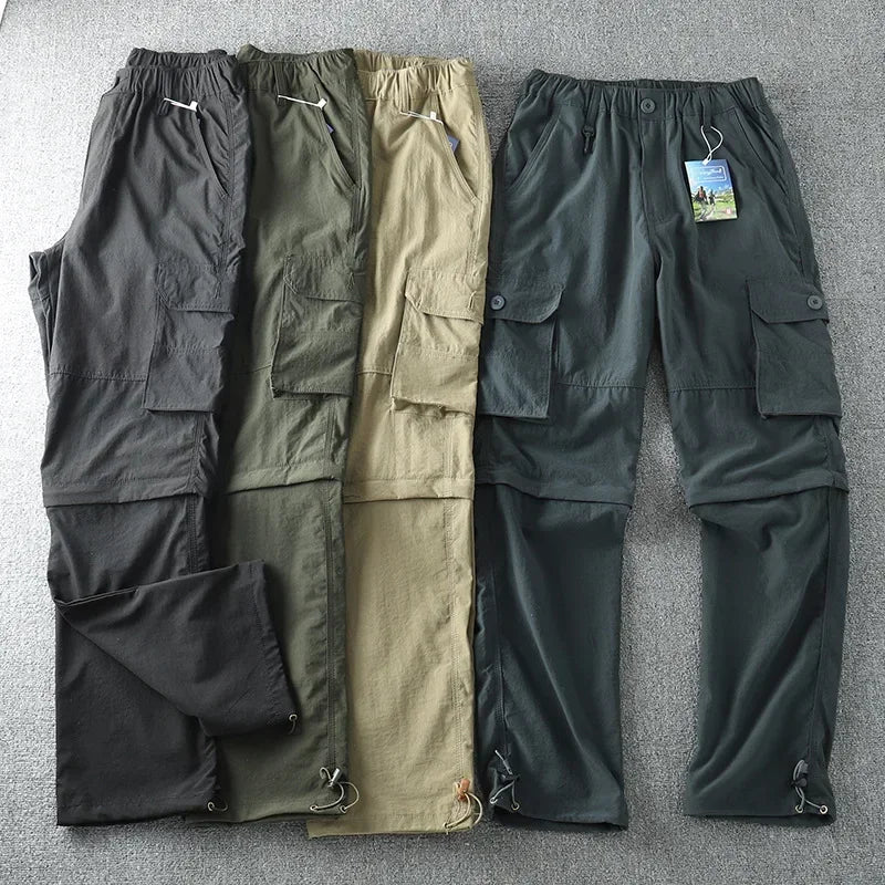 Men's Summer Cargo Pants Quick Dry Double Used Pants Elastic Waist Detachable Feet Loose Straight Waterproof Long Trousers