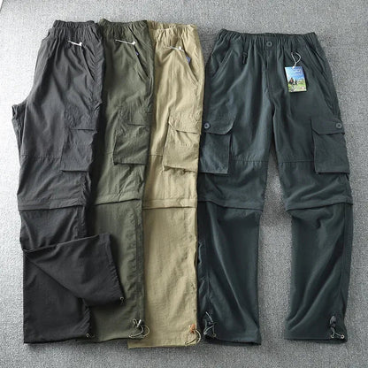 Men's Summer Cargo Pants Quick Dry Double Used Pants Elastic Waist Detachable Feet Loose Straight Waterproof Long Trousers