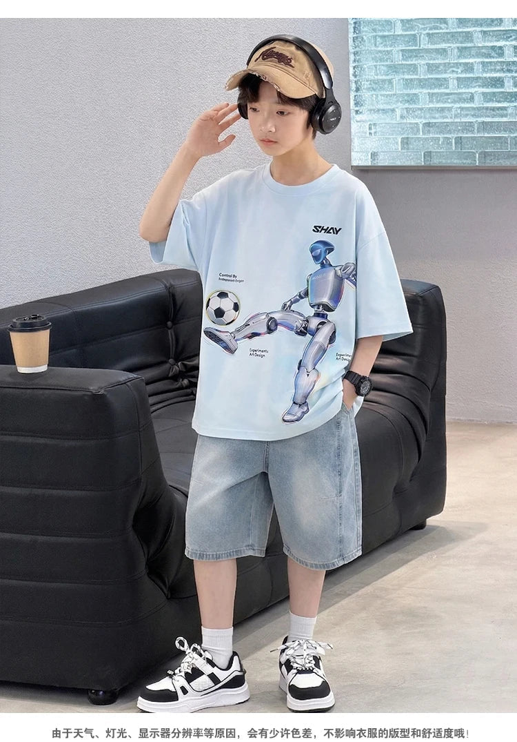 Tween Boys Summer Sets Clothing Child Tshirt Denim Shorts Two Pieces Sports Suit For Kids Teenagers 5 6 7 8 9 10 11 12 13 14 Yrs