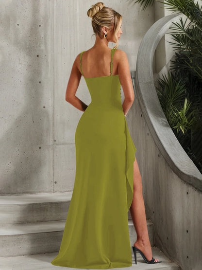 Women Elegant Solid Straps Slit Ruched Patchwork Sexy Bodycon Maxi Dress Summer Outfits Evening Party Birthday Festival