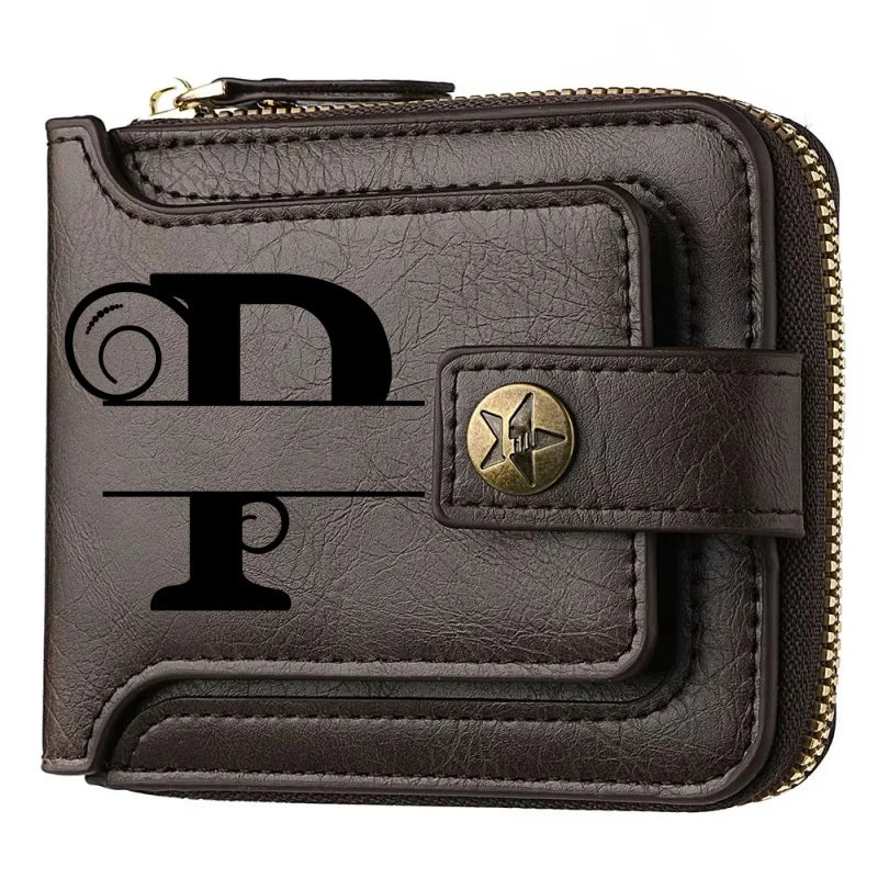 Men's Custom Wallet - Personalized Artificial Leather Men's Engraved Name and Letter Wallet, Father's Day Dad Gift, Brown