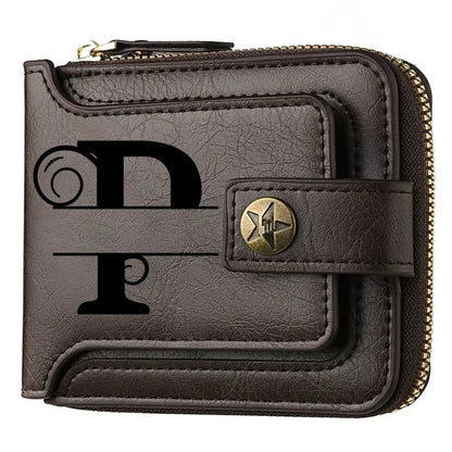 Men's Custom Wallet - Personalized Artificial Leather Men's Engraved Name and Letter Wallet, Father's Day Dad Gift, Brown