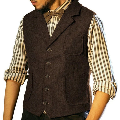 Men Vest Blue Herringbone Single Button With Lapel Pocket Waistcoat For Banquet Business Office Work Casual Daily Men Suit Vest
