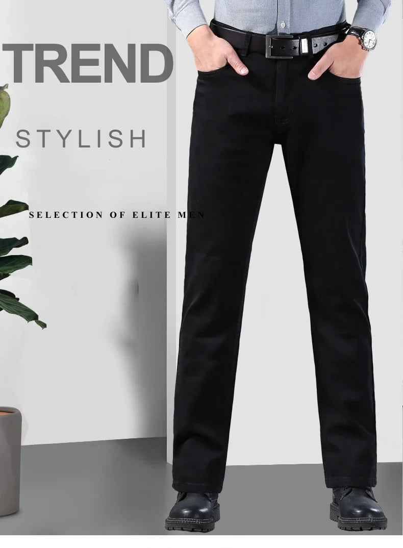Men Classic Advanced Fashion Brand Pure Black Jeans Man Soft Breathe Stretch Slim Straight Denim Trousers Mens Pants Overalls