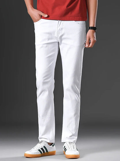 Men’s Korean Style Slim Straight Jeans Spring Cotton Stretch Denim Pants Comfort Fitted Casual Fashion Soft Male Daily Trousers