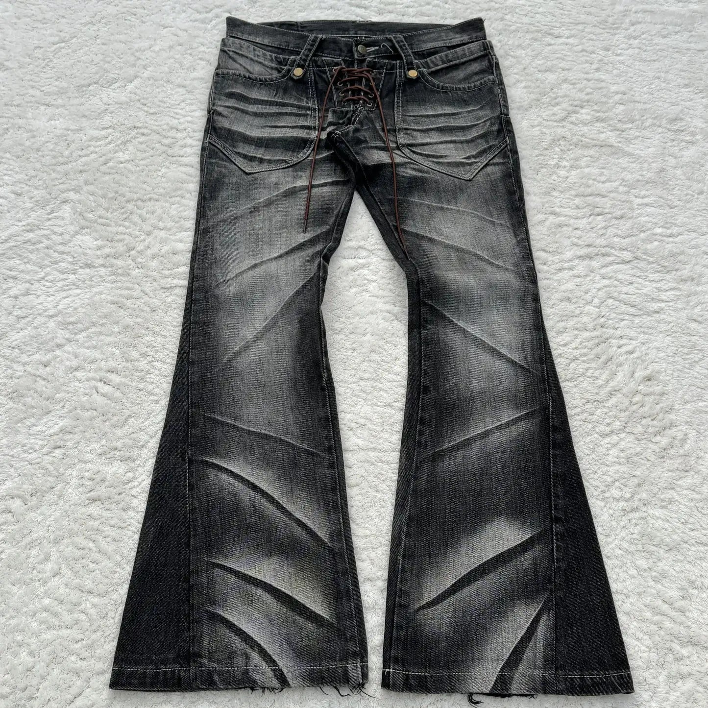 Y2K Distressed Flare Jeans Gothic Men Double Waist Lace Up Denim Pants Retro Washed Scratches Streetwear Unisex Bootcut Jeans
