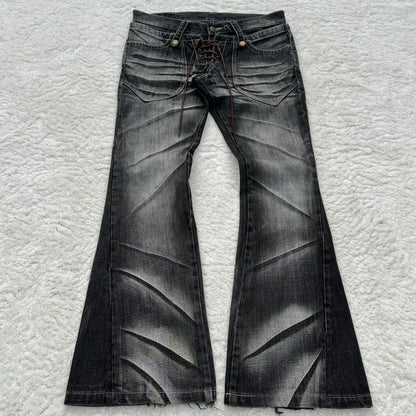 Y2K Distressed Flare Jeans Gothic Men Double Waist Lace Up Denim Pants Retro Washed Scratches Streetwear Unisex Bootcut Jeans