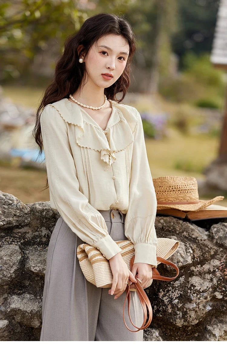 Lotus Leaf Collar Shirt Bubble Sleeves Pink Shirt for Women Spring 2025 Sweet Chiffon Top Temperament Shirts MXE12X1702