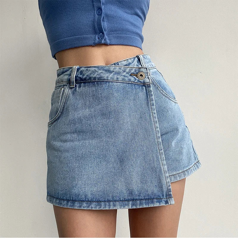 2026 Summer Women High Waist A-line Shorts Light Color Fake Two-piece Design Elegant Slimming Hot Girl Pants Denim Short Skirt