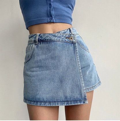 2026 Summer Women High Waist A-line Shorts Light Color Fake Two-piece Design Elegant Slimming Hot Girl Pants Denim Short Skirt