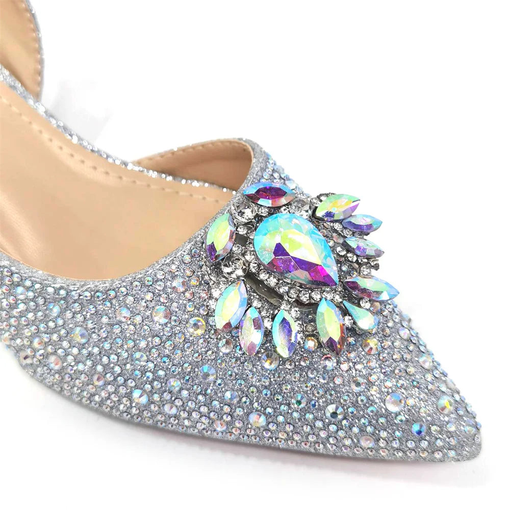 Royal Blue Sandals for Women 2024 Luxury Wedding Pumps Med Heels Rhinestone Design Party Shoes and Bags Set