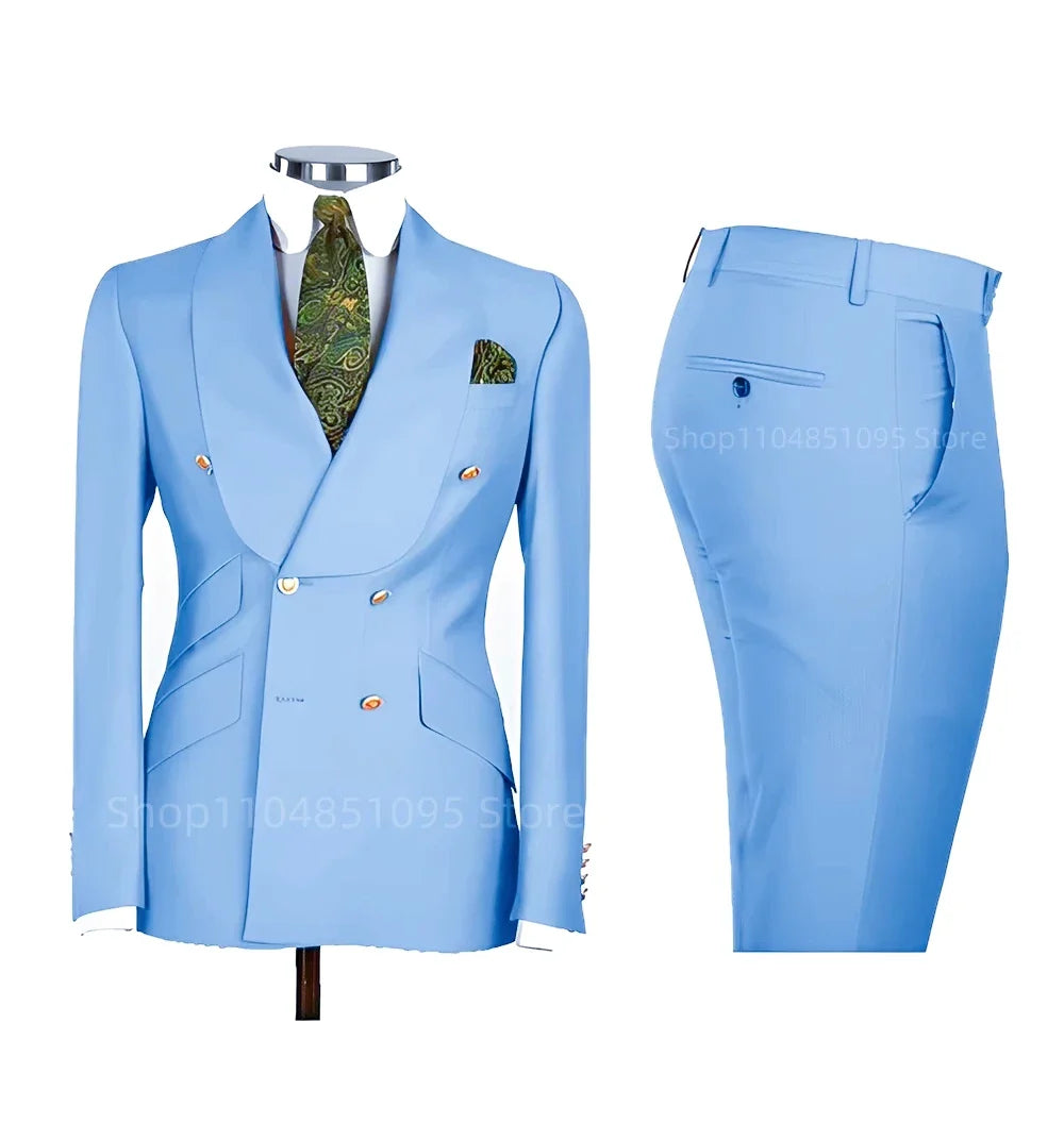 Smart Casual Solid 2 PCS Men Suits Formal Groom Tuxedos Shawl Lapel Double Breasted Jacket Pants Business/Wedding Suits Set