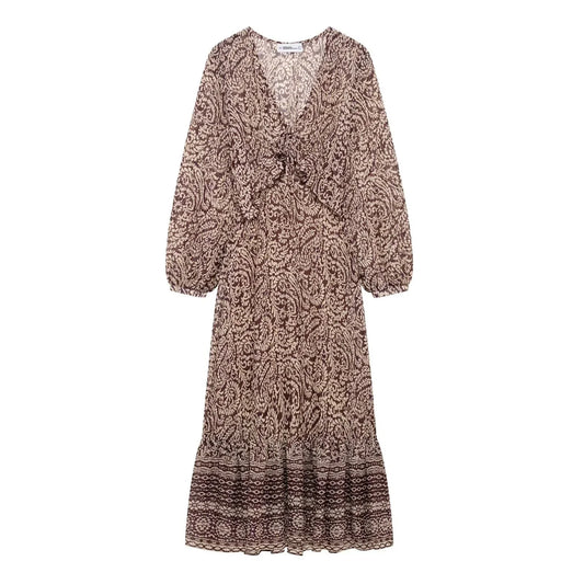 2025 Spring New Product Women's Stacked Decorative Printed V-neck Midi Dress Fashion Retro Pattern Printed Skirt