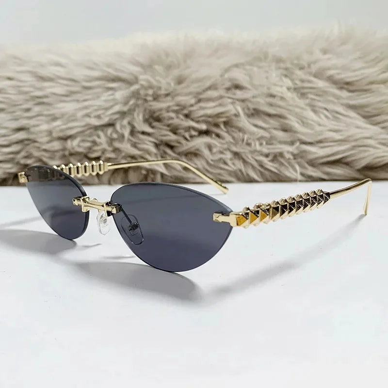 2026 Cat Eye Rivet Rimless Sunglasses Women Luxury Fashion Brand Oval Narrow Sun Glasses Shades Trendy Elegant Unique Eyewear