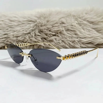 2026 Cat Eye Rivet Rimless Sunglasses Women Luxury Fashion Brand Oval Narrow Sun Glasses Shades Trendy Elegant Unique Eyewear