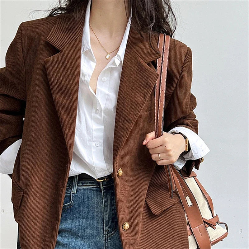 Brown Corduroy Suit Jackets Women's Spring New Fashion Loose Casual Blazers Notched Collar Single Breasted Pockets Female Tops