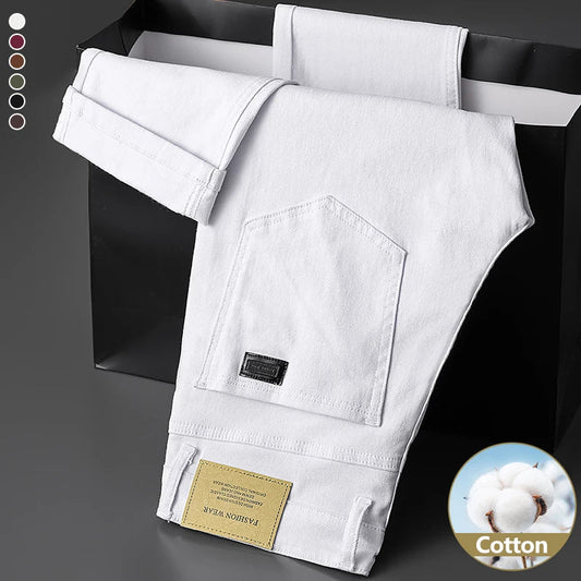 Cotton White Jeans Men's Elastic Soft Comfortable Business Casual Trousers Fashion Korean Fit Straight Spring Autumn Denim Pants