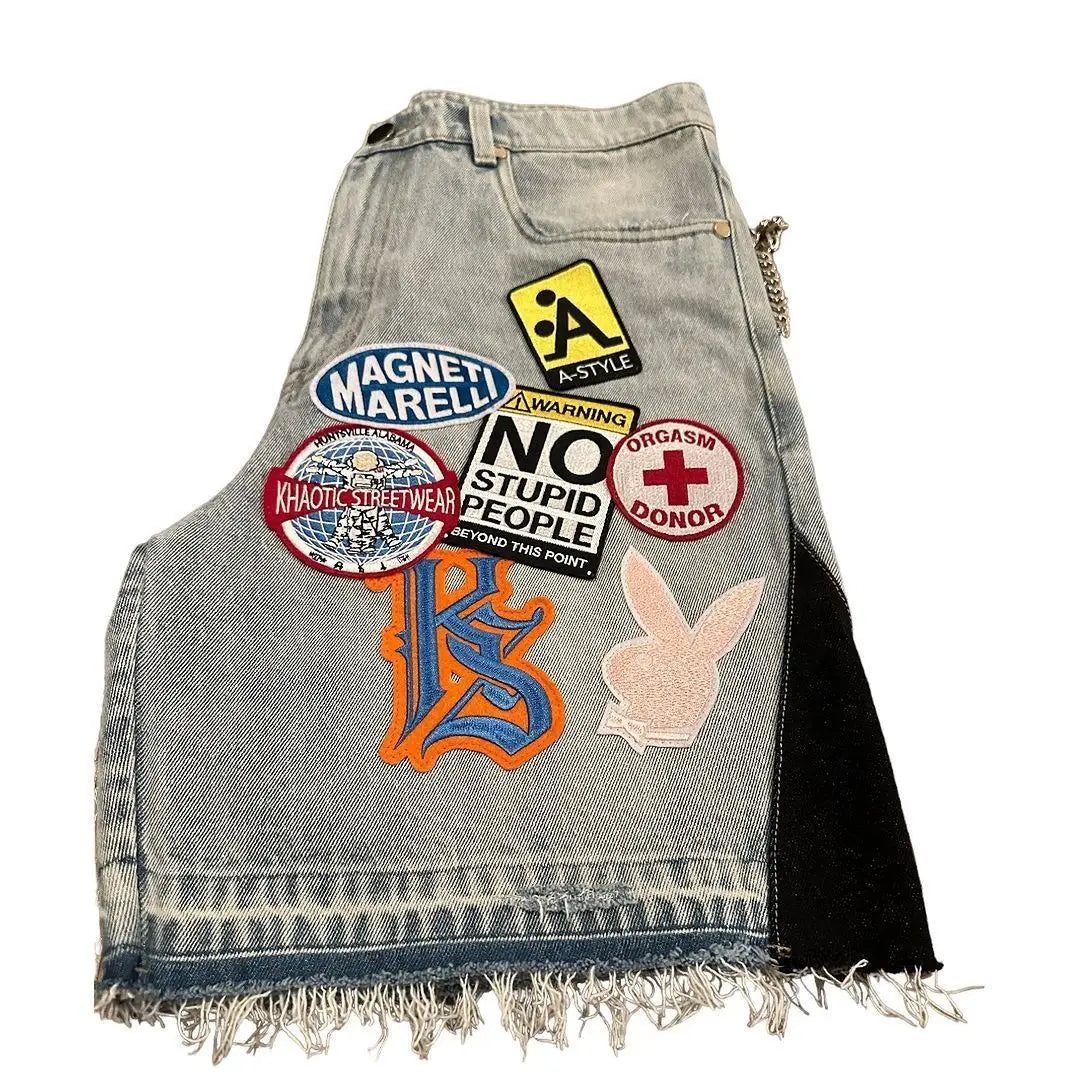 Y2k Cartoon Embroidery Jorts Man Women Harajuku Streetwear Retro Patchwork Denim Shorts Jeans Baggy Shorts Oversized