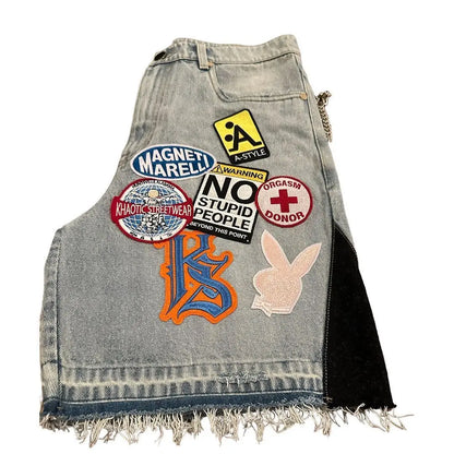 Y2k Cartoon Embroidery Jorts Man Women Harajuku Streetwear Retro Patchwork Denim Shorts Jeans Baggy Shorts Oversized