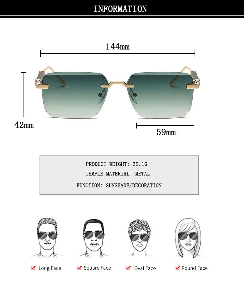 Designer Sunglasses For Men Vintage Rimless Sunglasses Women Trendy Luxury Square Fashion Glasses Vintage Gafas De Sol Hombre