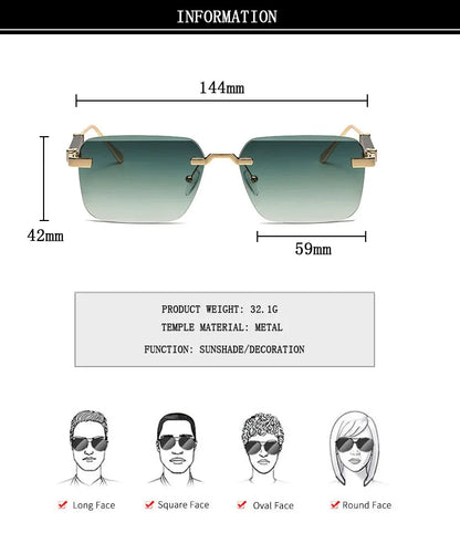 Designer Sunglasses For Men Vintage Rimless Sunglasses Women Trendy Luxury Square Fashion Glasses Vintage Gafas De Sol Hombre