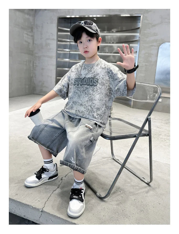 Baby Child Summer Cotton Suit With Shorts for Boy Leopard Print T-shirt + Denim Shorts Top and Bottom Clothes Set For Kids 2-14Y