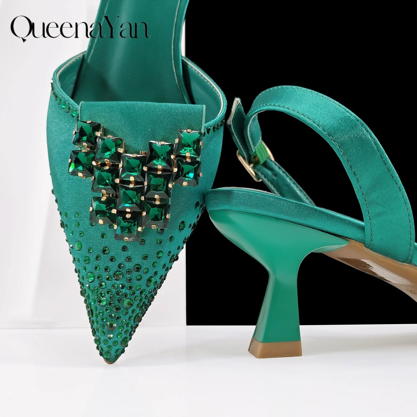 Green Color Rhinestone Comfortable Women's Pumps Heels And Bag Fashion Style Pointed-Toe Shoes For Farty  Occasion