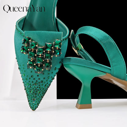 Green Color Rhinestone Comfortable Women's Pumps Heels And Bag Fashion Style Pointed-Toe Shoes For Farty  Occasion
