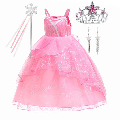 Kids Fairy Glinda Costume Wicked Wizard of Ozland Halloween Girl Cosplay Charming Glinda Kind Witch of North Pink Princess Dress