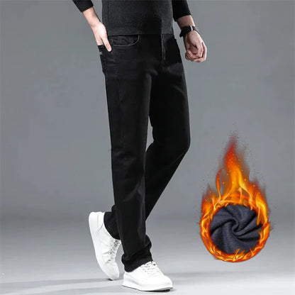 Winter Men Black Straight Stretch Denim Thick Velvet Pants Warm Jeans Casual Fleece Line Trousers Male Plus Size