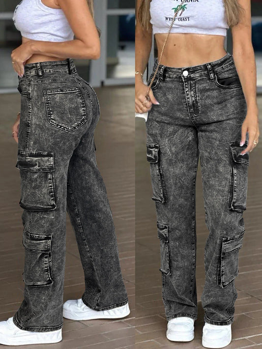 Vintage Y2k Washed Multi-Flap Pocket Straight Leg Cargo Jeans Women's Mid-Rise Versatile Streetwear Campu Sall Seasons Match