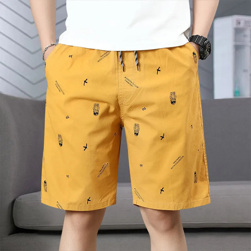 Men's Cotton Shorts Print Casual Shorts Travel Bermuda Shorts Elastic Waist Golf Shorts