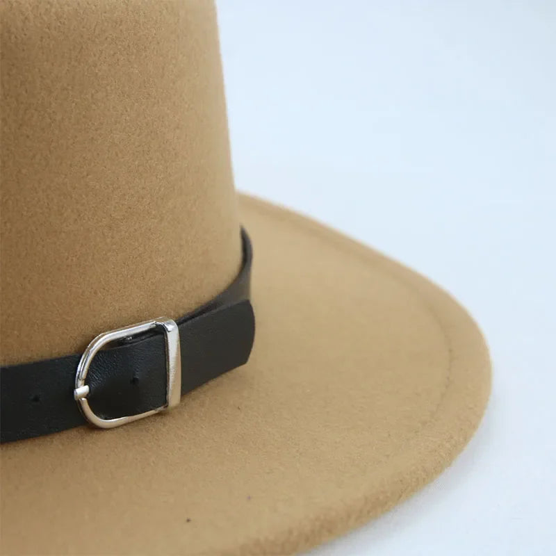 Felted Men Hats Solid Flat Top Belt Band Classic Simple Fedora Hats Khaki Camel Black White Red Casual Formal Dress Winter Hats