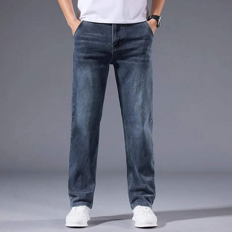 Men's loose straight leg jeans retro washed elastic casual pants suitable for all seasons versatile pants