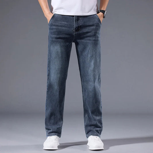 Men's loose straight leg jeans retro washed elastic casual pants suitable for all seasons versatile pants