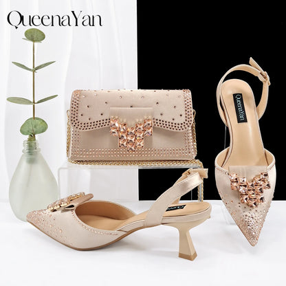 2026 New Elegant Coffee Color Pointed-Toe Italian Women's High-Heeled Shoe and Bag Set with Diamond Design for Parties