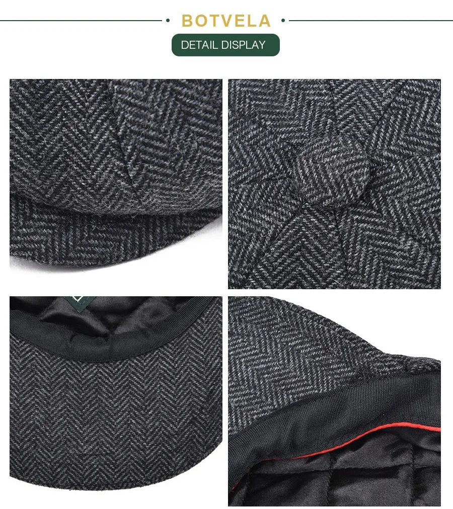 Wool Tweed Newsboy Cap Herringbone Men British Gatsby Retro Hat Driver Flat Cap for Male Vintage Herringbone Beret