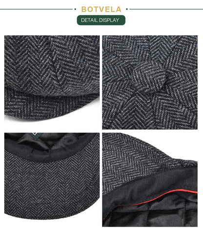 Wool Tweed Newsboy Cap Herringbone Men British Gatsby Retro Hat Driver Flat Cap for Male Vintage Herringbone Beret