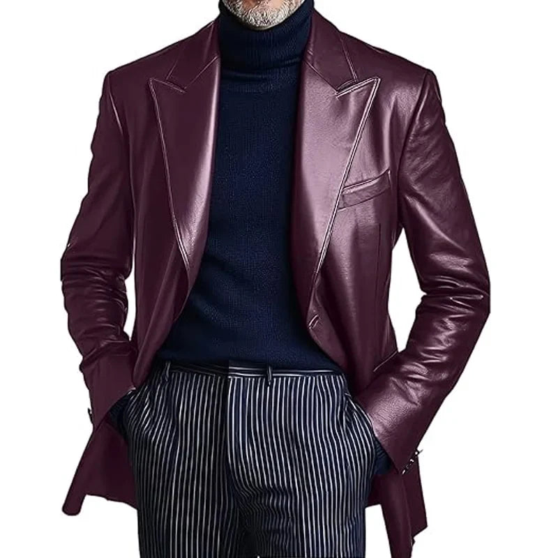 Men's Dress Leather Jacket Burgundy Luxury Slim Fit Notchde Lapel Flap Pocket Retro Soft Sport Coat For Business Casual