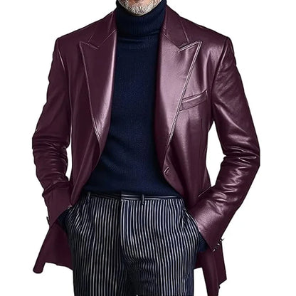 Men's Dress Leather Jacket Burgundy Luxury Slim Fit Notchde Lapel Flap Pocket Retro Soft Sport Coat For Business Casual