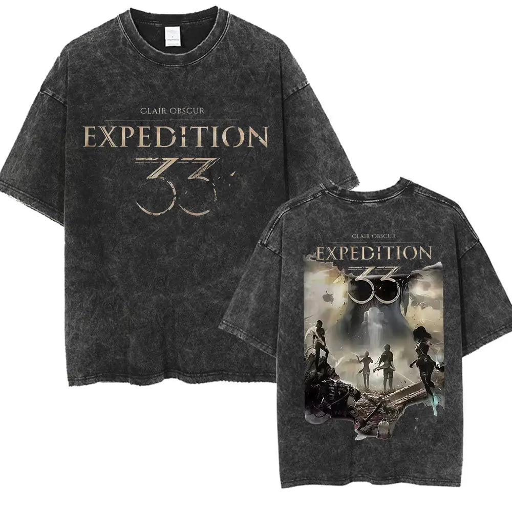 Game Clair Obscur Expédition 33 Vintage Washed T Shirts Men's Women Casual High Quality Oversized Cotton T-shirt Fans Streetwear