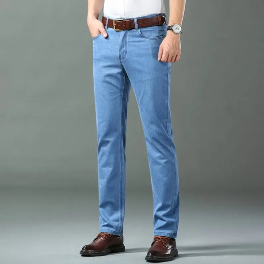 New Ice Silk Thin Denim Jeans for Men Blue Straight Stretch Cotton Denim Pant Business Casual Lightweight Trousers Spring Summer
